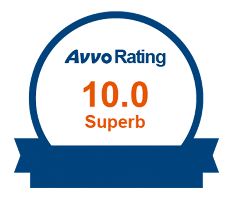 Avvo Rating badge displaying perfect 10.0 score with Superb designation for legal professional excellence.