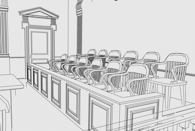 Maine courtroom with judge's bench, jury box, and classical architectural elements