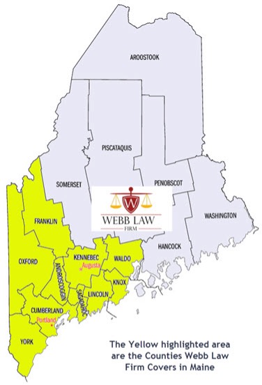 Webb Law Maine-Map of the counties in southern Maine that our OUI attorneys near me serve. Yellow highlighter shows those areas.