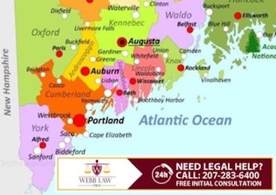 Map of Webb Law firm's legal services practice are, from Augusta Maine and south of there, to the New Hampshire line; call 207-283-6400 24 hours a day for legal help